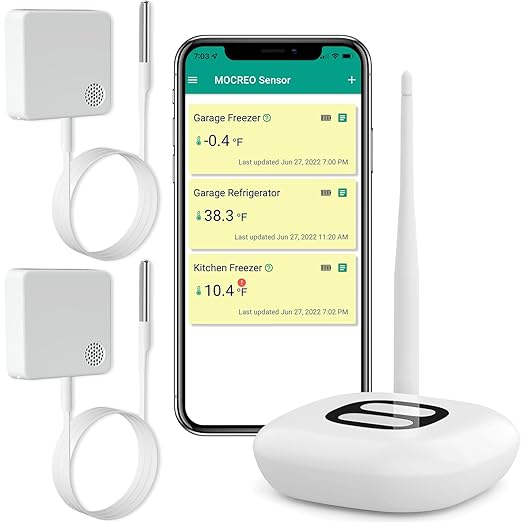 MOCREO WiFi Thermometer Freezer Alarm, Email Alert, App Notification, Data Record Export, No Subscription Fee, Remote Wireless Temperature Sensor for Refrigerator, Freezer, Hot Tub (2 Pack) by MOCREO