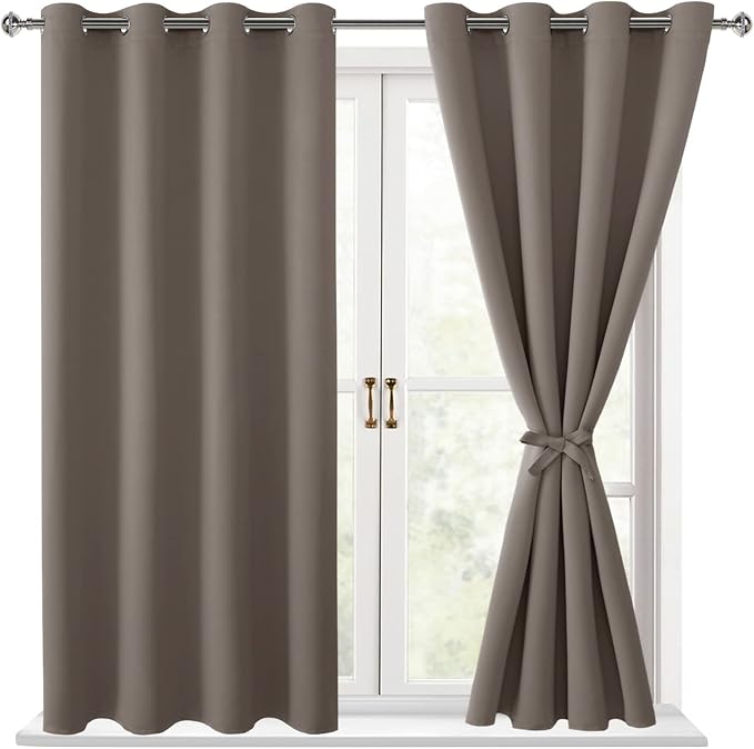 Hiasan Blackout Curtains for Bedroom, 52 x 54 Inches Long - Thermal Insulated & Light Blocking Window Curtains for Living Room/Kids Room, 2 Drape Panels Sewn with Tiebacks, Tan by Hiasan
