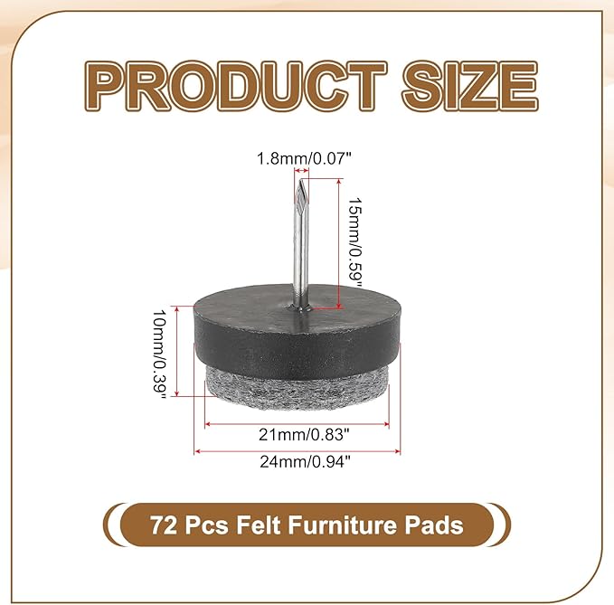 PATIKIL 24 mm Nail-on Felt Pads, 72 Pcs Round Felt Furniture Sliders Pads Heavy Duty Floor Protectors for Wooden Chair Sofa Cabinet Table Leg Feet Hardwood Floors, Black - Image 2