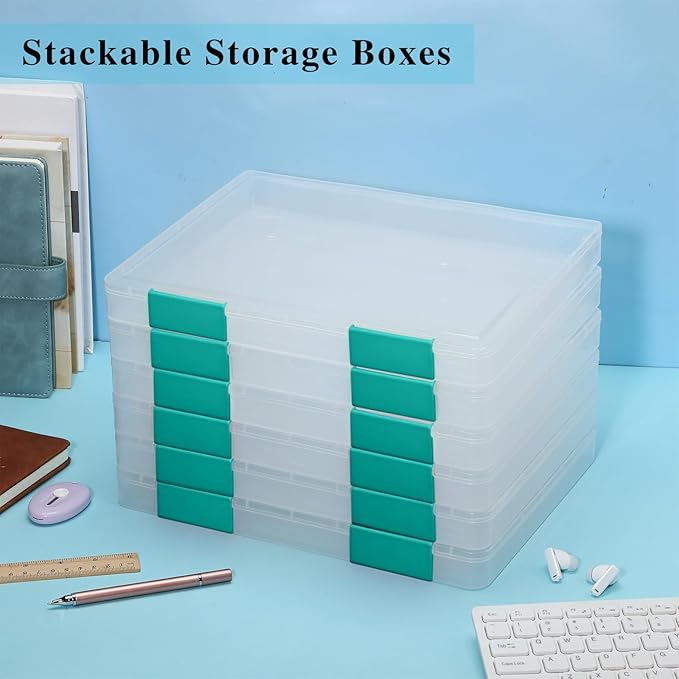 PerKoop 6 Pcs Clear Paper Storage Box A4 Plastic File Box Document Paper Organizer Storage Board Game Project Cases Containers with Buckle for Craft, Magazine(12.4 x 9.84 x 1.18 Inches,Dark Green) - Image 6