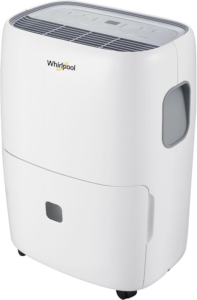 Whirlpool 50-Pint Portable Dehumidifier for Basement, Garage, and Living Room, 115V, Dehumidifier for Rooms up to 4500 Sq. Ft. with Energy Star Certification, Auto-Shutoff, and Timer in White by Whirlpool