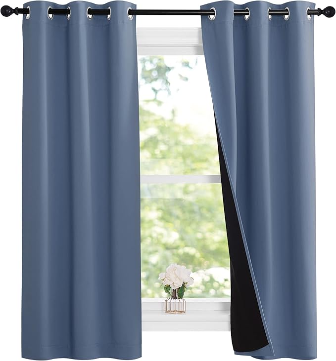 NICETOWN Stone Blue 100% Blackout Small Curtains 63 inches Long, Thermal Insulated Full Blackout 2-Layer Lined Drapes, Energy Efficiency Window Draperies for Boy's Room (2 Panels, 37-inch W) - Image 2