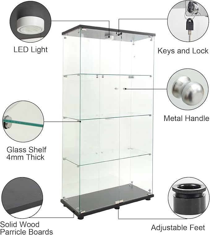 Yoluckea 4 Shelves Glass Display Cabinet with LED Light and 2 Doors,Floor Standing Clear Glass Curio Collection Display Cabinet for Living Room Bedroom 64.7” x 31.7” x 14.3” Black - Image 7