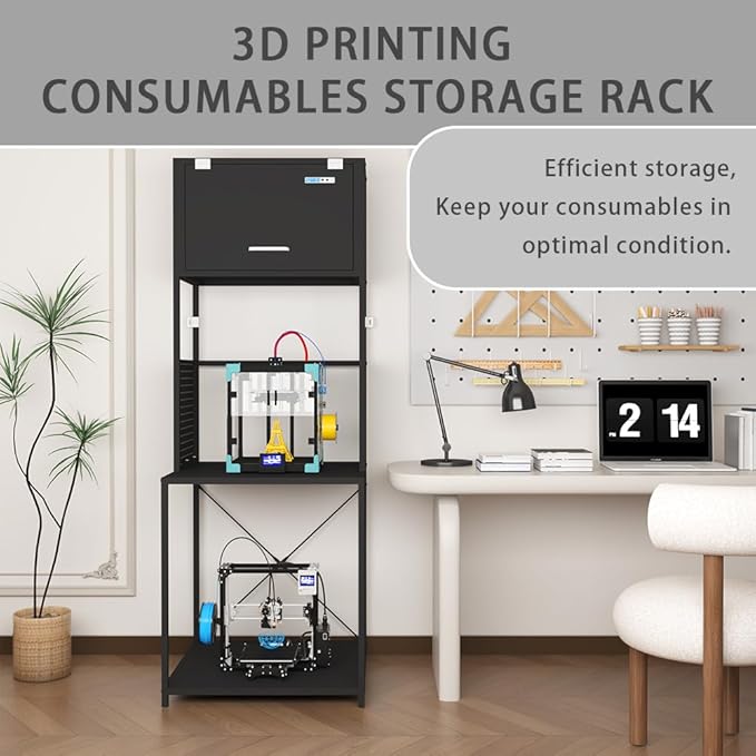 3D Printer Filament Storage Stand Rack with Dehumidifier| 3-Tier All-in-One Organizer with Tool Mounts, Dual Spool Holders | Compatible with Most 3D Printers (100LBlack) - Image 4