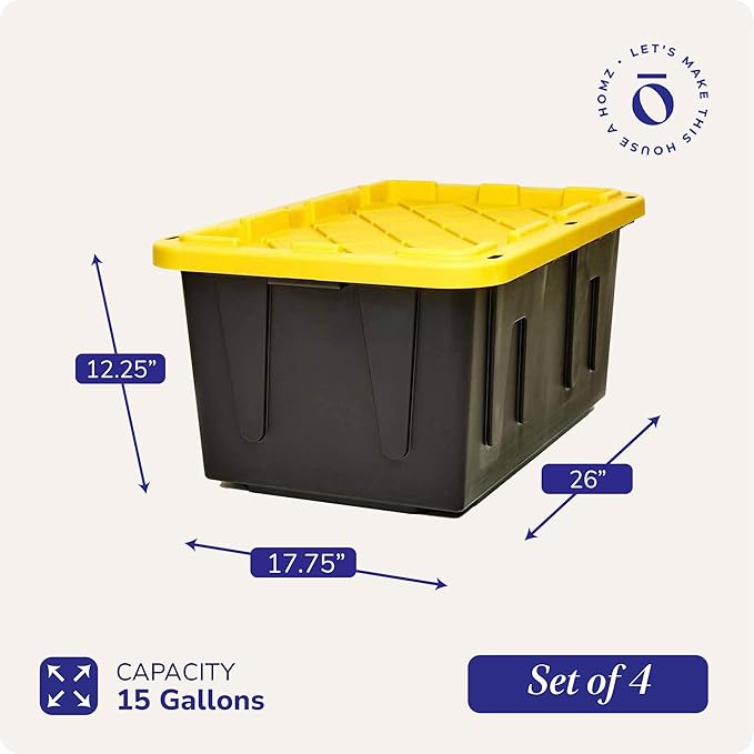 HOMZ 4-Pack Durabilt Tote, Heavy Duty Plastic Storage Bins with Lids, 15 Gallon, Black/Yellow - Stackable Organizing Containers for Home, Garage, and Office - Image 4