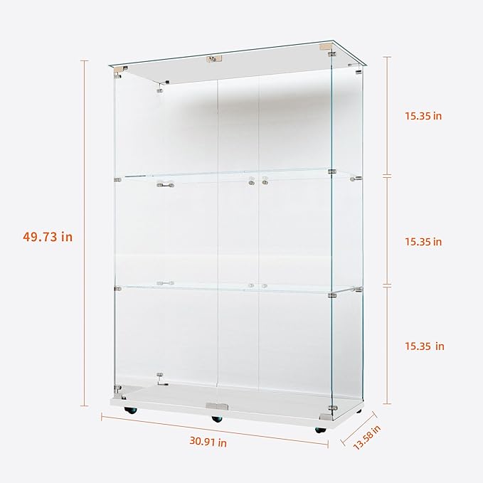 Yoluckea 3 Tiers Glass Display Cabinet with Bluetooth LED Light Strip, 2 Doors Floor Standing Curio Cabinet with Universal Wheel for Home, White Glass Bookshelf for Collections, Clear Top - Image 2