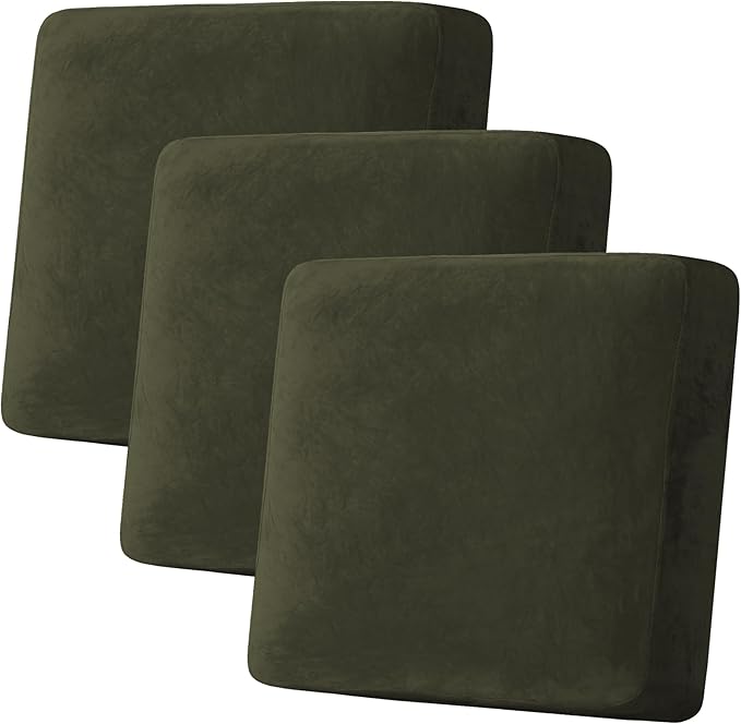 H.VERSAILTEX Velvet Stretch Couch Cushion Cover Plush Cushion Slipcover for Chair Loveseat Sofa Cushion Furniture Protector Seat Cushion Sofa Cover (3 Piece XL Sofa Cushion Covers, Olive) by HVERSAILTEX