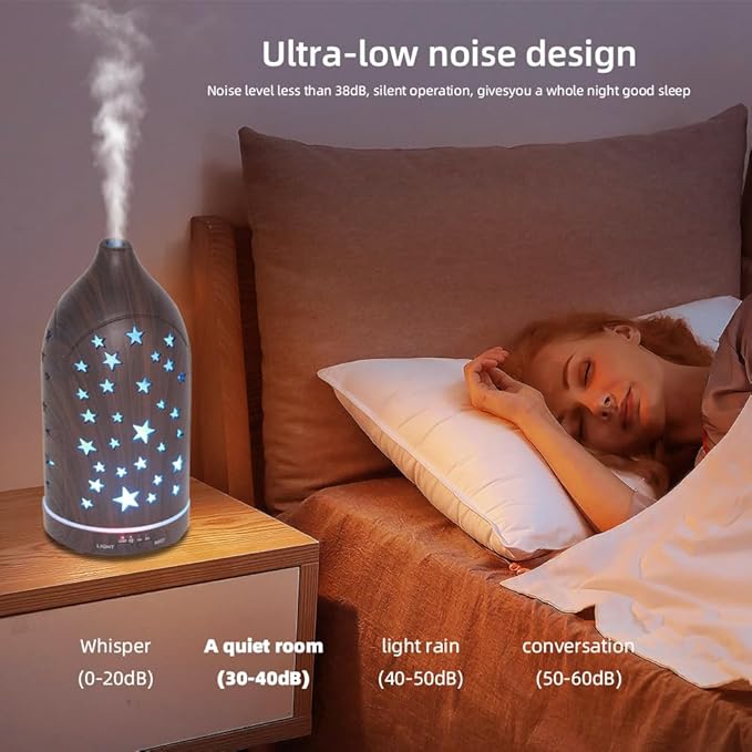Aromatherapy Diffusers,7.1''x3.5''Diffuser with 3 Essential Oil Set,Small 200ml Office Desk Humidifier with 7 LED Colors Night Lights,Waterless Auto-Off for Home Decor Gift (Star Dark Wood Grain) - Image 9