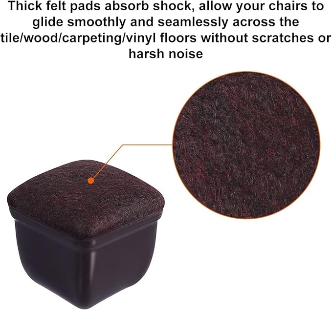 Ezprotekt 24 Pcs Square Chair Leg Floor Protectors with Felt, Silicone Felt F for Hardwood Floor, Dining Table Leg Caps Covers No Scratches (L Fit: 1" - 1.4", Dark Brown) - Image 3