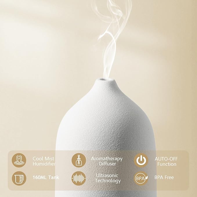 Diffuserlove Ceramic Diffuser 160ML Essential Oil Diffusers Aromatherapy Essential Oil Diffuser for Room Air Diffuser for Home Bedroom Stone Diffuser Black Wood Pattern Base (Size:6.8" H x 3.6" W) - Image 3
