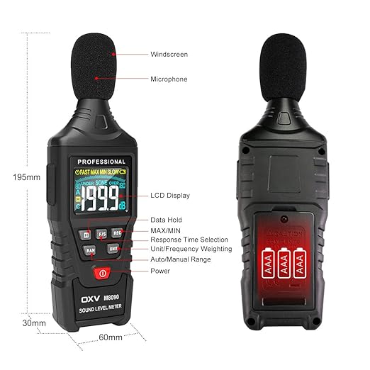 OXV Decibel Meter/Sound Pressure Level SPL Reader, Handheld Digital Measure Gauge, Measurement Range 30-130 dB(A Weighted), Accuracy 1.5dB, MAX/MIN and Data Hold Function - Image 2
