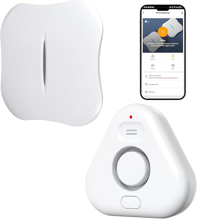 Smart Water Leak Detectors for Home WiFi with App Alerts, Stechro Ajustable 120dB Water Sensor Alarm Leak Detector for Basements Sink Kitchen Laundry, 1 Water Sensor & 1 Rechargeable Gateway by stechro