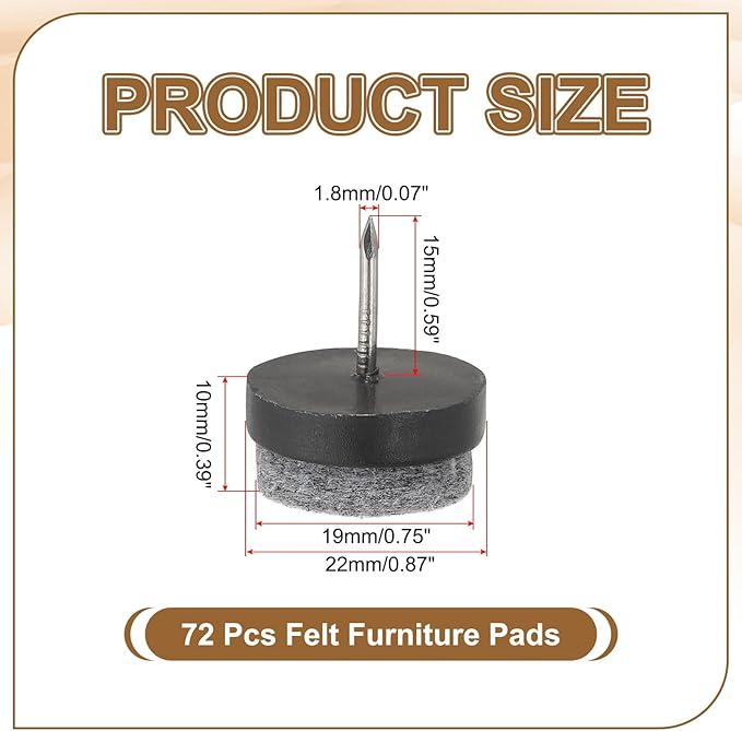 PATIKIL 22 mm Nail-on Felt Pads, 72 Pcs Round Felt Furniture Sliders Pads Heavy Duty Floor Protectors for Wooden Chair Sofa Cabinet Table Leg Feet Hardwood Floors, Black - Image 2