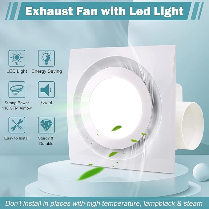FEITON Bathroom Fan with Light Exhaust Fan Ceiling Mount Vent Fan Light Combo, 30W, 110V, 110 CFM 1.0 Sones, Square Quiet Ventilation Fan with LED Light - Image 2
