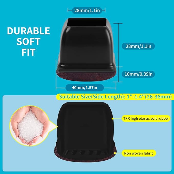 16PCS Square Chair Leg Floor Protectors, Felt Furniture Pads for Hardwood Floors, Black Silicone Chair Covers, Large Floor Protectors for Furniture Legs, No Scratches and Noise(Fit:1"-1.4") - Image 4