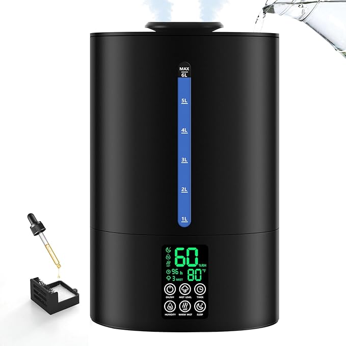 6L Humidifiers for Bedroom Large Room Home, Cool and Warm Humidifier for Plants Mist Top Fill Desk Humidifier Essential Oil Diffuser, Quiet Humidifiers with Adjustable Mist,360°Nozzle-Black by Coolfiqu