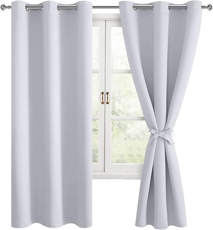Hiasan Room Darkening Curtains for Bedroom, Noise Reducing, Energy Saving Blackout Window Curtain Panels, Sewn with Tiebacks, Set of 2, Grommet Top (Greyish White, Width 42 Inch x Length 72 Inch) by Hiasan