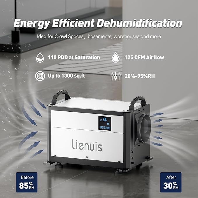 Crawl Space Dehumidifier with Drain Hose, 110 Pint Commercial Dehumidifier for Crawlspaces& Basement, Water Damage Restoration up to 1300 Sq Ft, Detachable Controller & Cable - Image 2