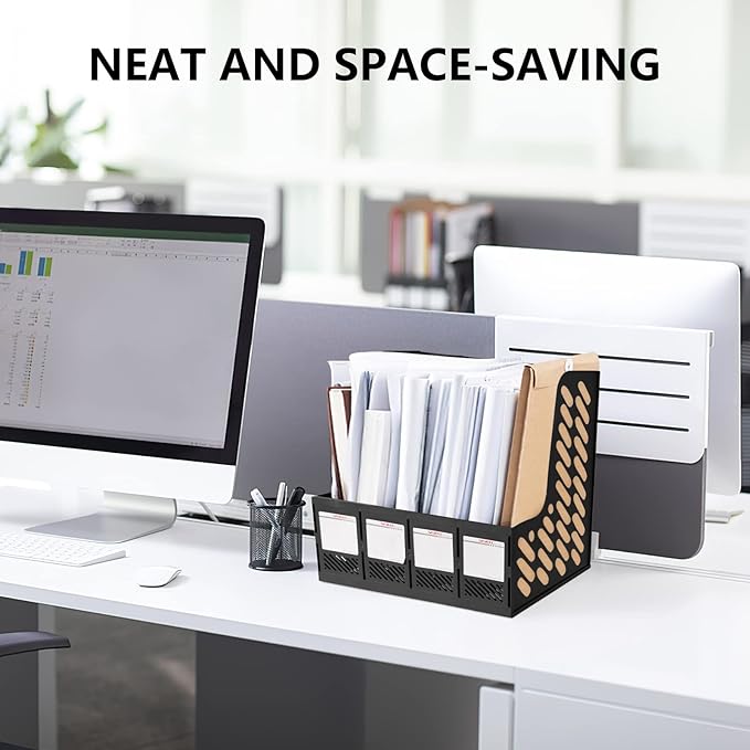 SAYEEC Magazine File Holder, Plastic Desktop File Folder Organizer with 4 Large Compartments, Vertical Desk Binder Organizer Office Organization and Storage File Holder for Desk, School, Home (Black) - Image 7