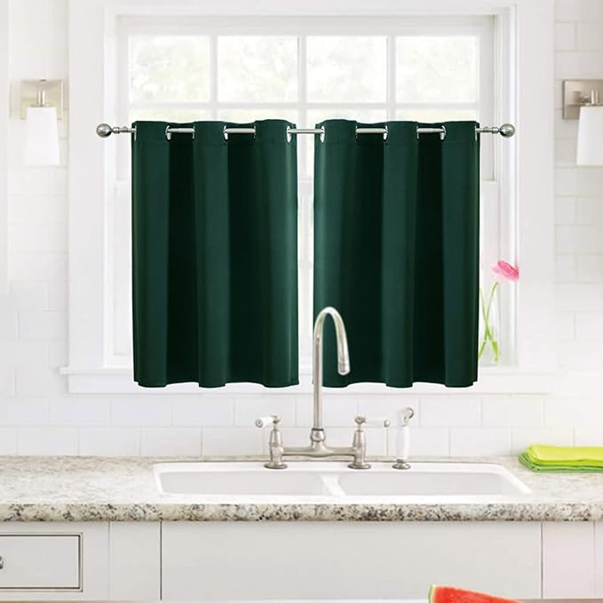 ChrisDowa Small Window Curtains for Kitchen and Bedroom - Grommet Short Thermal Insulated Room Darkening Curtains (2 Panels, Forest Green, 34 x 36 Inch) - Image 2