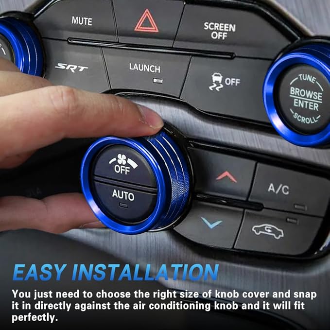 3PCS Air Conditioner Switch Button Knob Cover, Auto Accessories Climate Control Knob Covers, Aluminum Alloy Knob Ring Trim Cover Compatible with Dodge Challenger Durango 2015-2022 (Blue) - Image 5