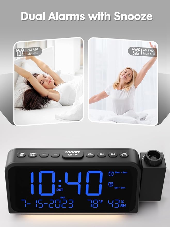 ROCAM Projection Alarm Clock for Bedroom Ceiling, Digital Clock with 180° Projector with 5-Level Dimmer, Dual Loud Alarm with Weekend/Weekday Mode, Date, Temp, Humidity, Night Light, DST, Snooze - Image 5