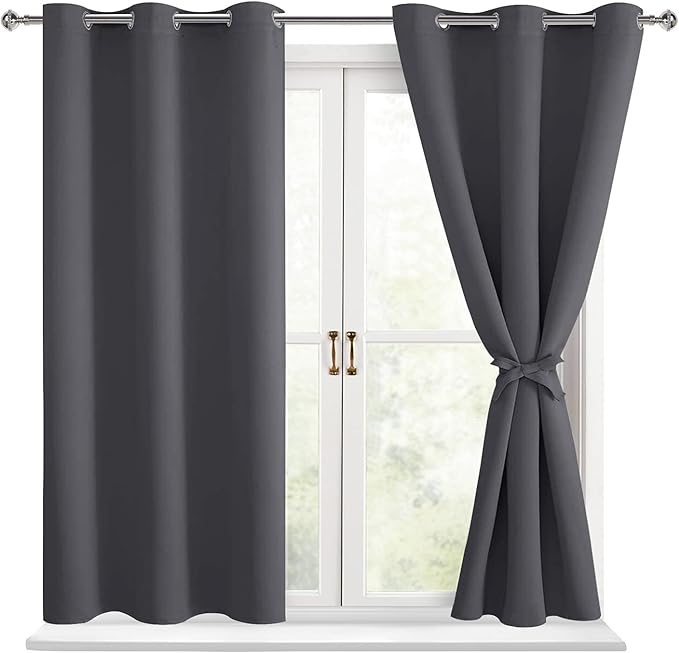 Hiasan Blackout Curtains for Bedroom - Thermal Insulated & Light Blocking Window Curtains for Living Room, 2 Drape Panels Sewn with Tiebacks, Dark Grey, 42 x 54 Inch by Hiasan