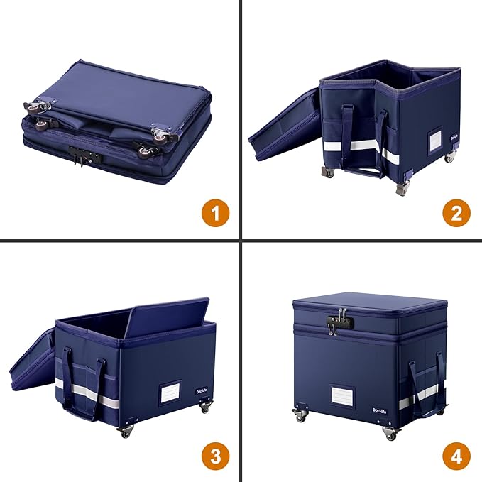 DocSafe File Box with Lock, 2-Layer Fireproof Document Box with Wheels,Collapsible File Storage Organizer with Pockets,Large Portable Office Filing Cabinet Hanging Folders,Blue,16''x13.8''x12.2'' - Image 8
