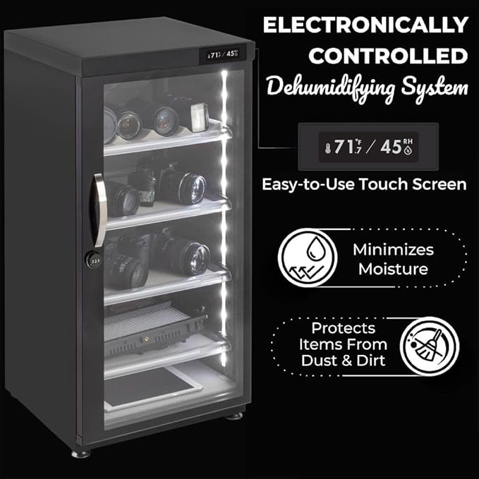125LT Electronic Dry Cabinet for Camera, Lens & Electronics – Silent Dehumidifying Storage, Touchscreen Humidity Control (60‑35% RH), 4 Adjustable Shelves, LED Light, Lock, Energy Saving - Image 8