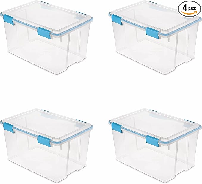 54 Quart Clear Storage Bin with Gasket Lid, Weather-Resistant Latching Container, Blue, 22.5x16x12.75 Inches, 4 Pack by Unknown