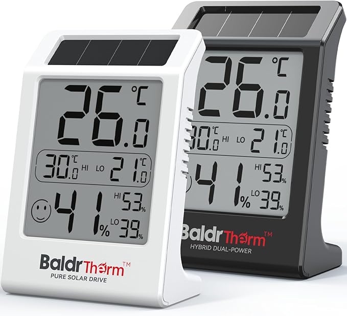 BaldrTherm Room Thermometer Indoor Humidity Meter, Solar-Powered 3.2'' Large Digital Temperature Sensor Monitor with Max/Min Reading for Baby Room, Home, Office, Black&White by BaldrTherm