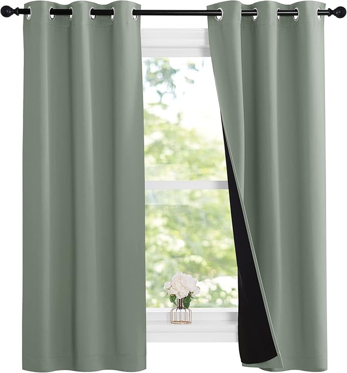 NICETOWN Greyish Green 100% Blackout Lined Curtains, 2 Thick Layers Narrow Wide Window Treatment Panels Thermal Insulated Drapes for Kitchen Small Window (1 Pair, 37" Width x 63" Length Each Panel) - Image 2