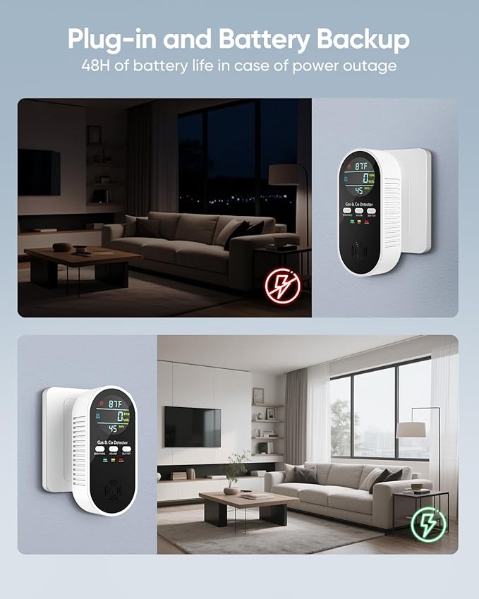 5-in-1 Carbon Monoxide Detectors, Natural Gas Leak Detector, Plug-in & Battery Backup Portable Co Detector, Co Gas Temp Humidity Sensor, HD Display Screen Vilfet, 1-Pcs, Black - Image 3
