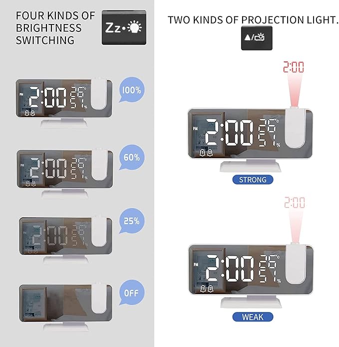 Projection Digital Alarm Clock for Bedrooms, Clock Radio on Ceiling, USB Charger Port, Temperature & Humidity Display, 7.3” Large Mirror LED Display,12/24H,Snooze,Dual Loud Alarm Clock- 4 Dimmer - Image 4