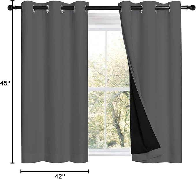 NICETOWN Grey 100% Blackout Room Warming Curtains 45 inches Long, Thermal Insulated Full Blackout 2-Layer Lined Curtains, Energy Efficiency Window Draperies for Dining Room (2 Panels, 42-inch W) - Image 9