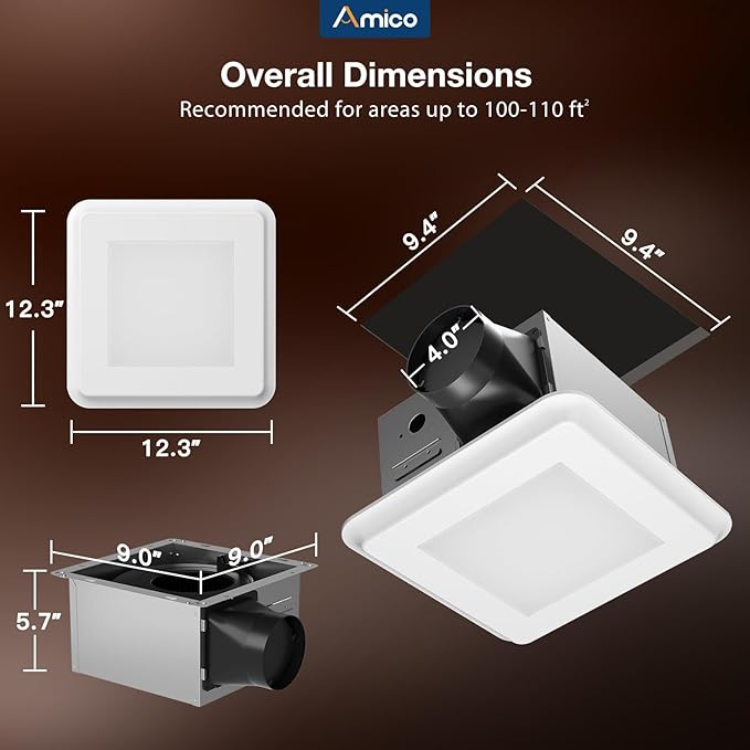 Amico Bathroom Exhaust Fan with Light, 110 CFM, 1.0 Sones, 5CCT, 1000LM, Easy Install, Ceiling Mount Bathroom Fan, Adjustable Bath Exhaust Vent with light, ETL & FCC Certified - Image 2