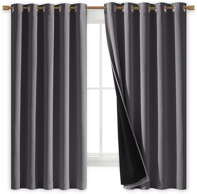 NICETOWN 100% Blackout Curtains with Black Liners, Thermal Insulated Full Blackout 2-Layer Lined Drapes, Energy Efficiency Window Draperies for Bedroom (Grey, 2 Panels, 70-inch W by 63-inch L) by NICETOWN
