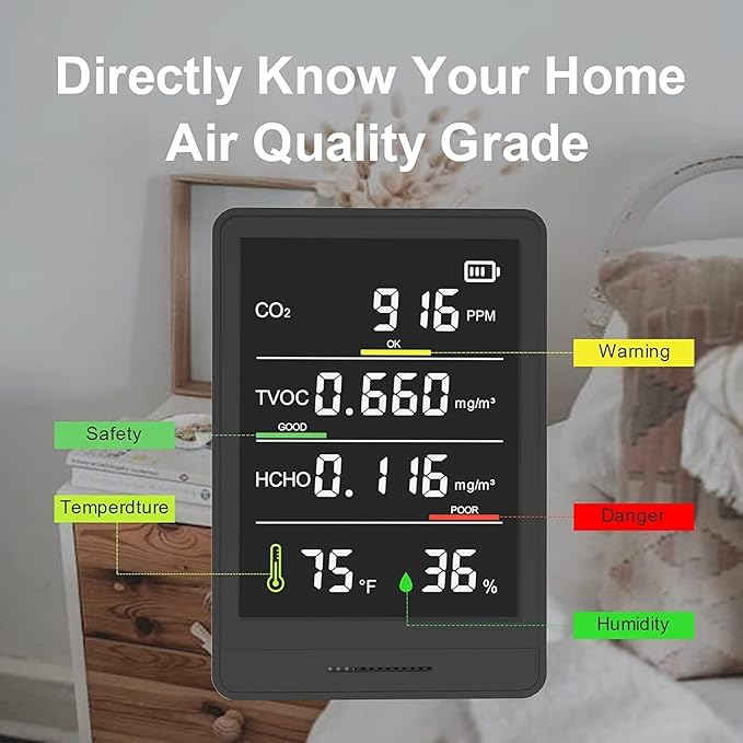 5-in-1 Professional Indoor Air Quality Monitor Indoor Portable CO2 Monitor | Temperature | Formaldehyde Detector | Humidity TVOC | Air Quality Tester - Confined Space Clean Air Monitor (Ruby Black) - Image 5