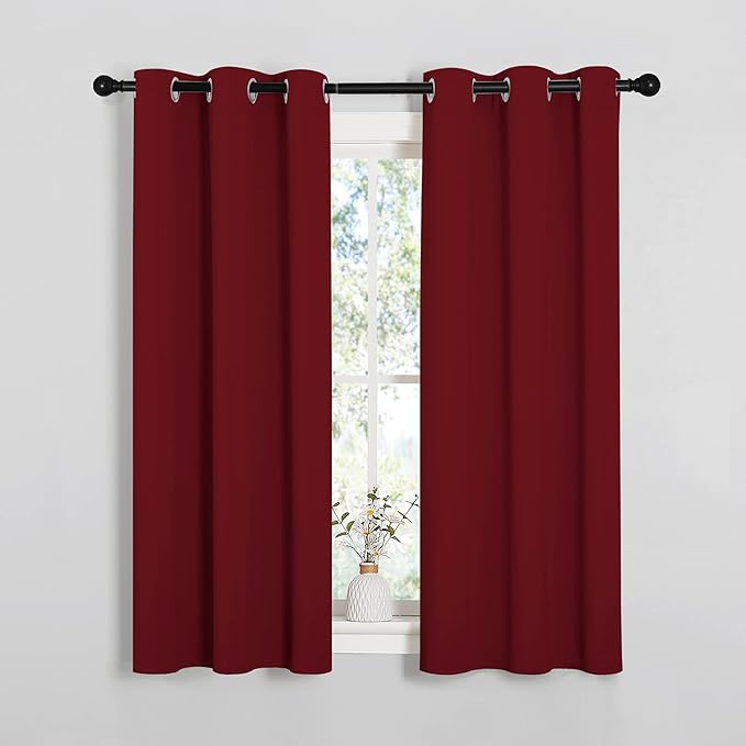 NICETOWN Christmas Burgundy Bedroom Curtains Blackout Draperies, Decorations Thermal Insulated Solid Grommet Top Blackout Drapes for Cafe (One Pair, 34 x 54-inch) - Image 2
