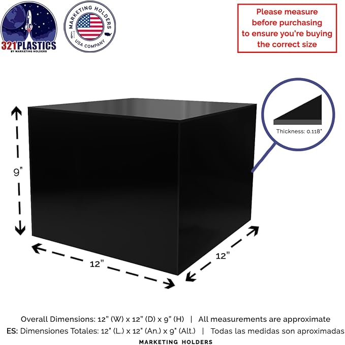 12" x 12" x 9" Acrylic Display Box with One Open Side No Lid Versatile Glossy Black Retail Product Riser or Merchandise Storage Bin by Marketing Holders - Image 6