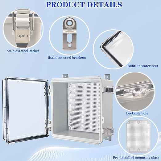 Waterproof Electrical Box, IP67 Junction Box Stainless Steel Latch Hinged Clear Cover Project Enclosure with Wall Bracket 8" x 8" x 5" - Image 3