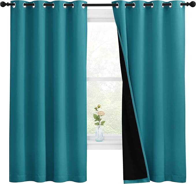 NICETOWN 100% Blackout Curtains with Black Liner, Thermal Insulated Full Blackout 2-Layer Lined Drapes, Energy Efficiency Window Draperies for Bedroom (Peacock Teal, 2 Panels, 55-inch W by 68-inch L) by NICETOWN