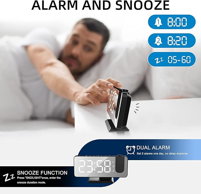 Projection Alarm Clock for Bedrooms Ceiling, Digital Clock Radio with USB Charger Port, Temperature & Humidity Display, 7.3” Large LED Display,12/24H,Snooze,Dual Loud Clock- 4 Dimmer - Image 6