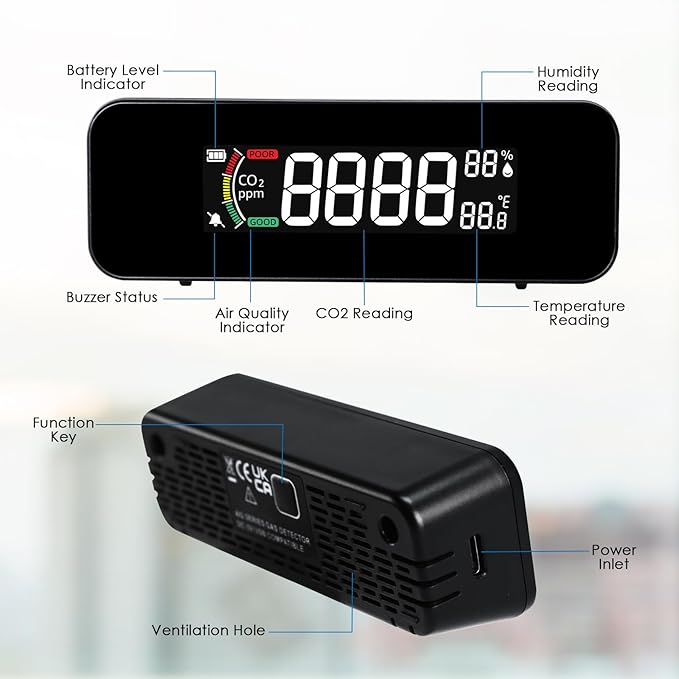 CO2 Monitor CO2 Meter Detector, Rechargeable Indoor Air Quality Monitor with CO2 Alarm, LCD Display, NDIR Sensor, Temp & Humidity Measurement, 3 Color Indicator for Indoor, Home, Office, School - Image 7