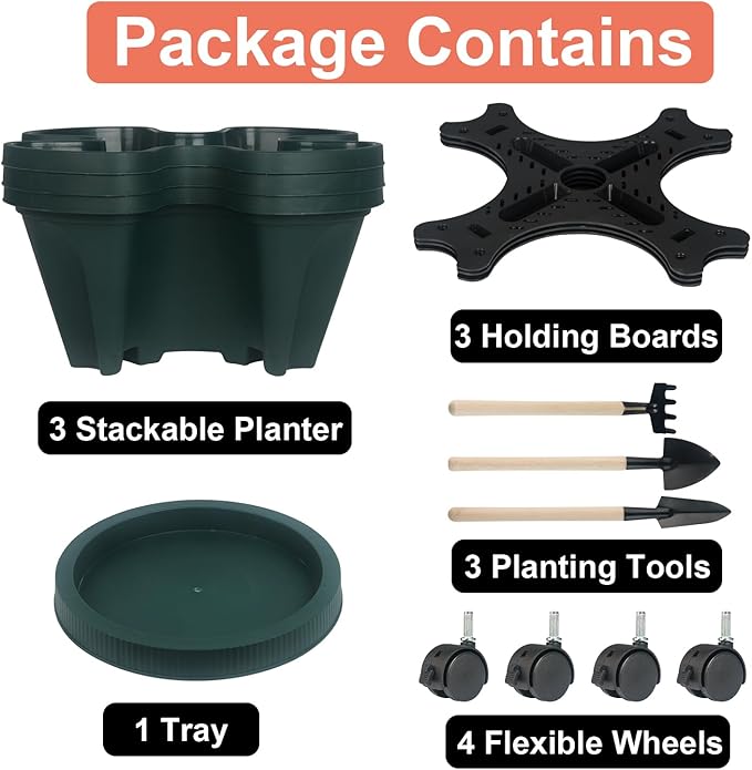 GameXcel Vertical Planter 3 Tier Stackable Planters Garden Planters Strawberry Herb Flower and Vegetable Planter Indoor Outdoor Gardening Pots with Removable Wheels and Tools - Image 8