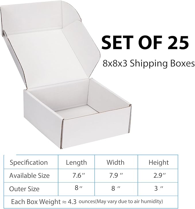 Small Shipping Boxes 8x8x3 Inch (25 Pack) - Sturdy White Corrugated Cardboard Boxes for Small Business, Ecommerce, Mailing & Packaging | Recyclable Gift & Storage Boxes - Image 2