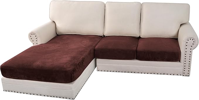 H.VERSAILTEX Velvet Stretch Sectional Couch Covers 3 Pieces Sofa Seat Cushion Covers L Shape Separate Cushion Couch Cover for Both Left/Right Sectional Couch (Large Sofa 2 Seater + 1 Chaise, Brown) by HVERSAILTEX