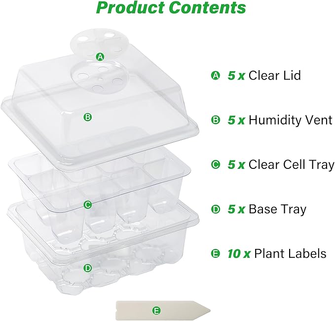 Bonviee 5-Pack Seed Starter Trays for Indoor Germination – Humidity Dome to Regulate Temperature & Humidity, Clear Tray for Root Observation, Drain Holes to Prevent Overwatering (5 Packs, Clear) - Image 2