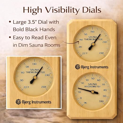Sauna Thermometer and Hygrometer - 2-in-1 Indoor Analog Temperature & Humidity Gauge with Pine Wood Frame, for Sauna Rooms - 3.5" Dial Wall-Mounted Meter (0–100% RH, Up to 248°F) - Image 4