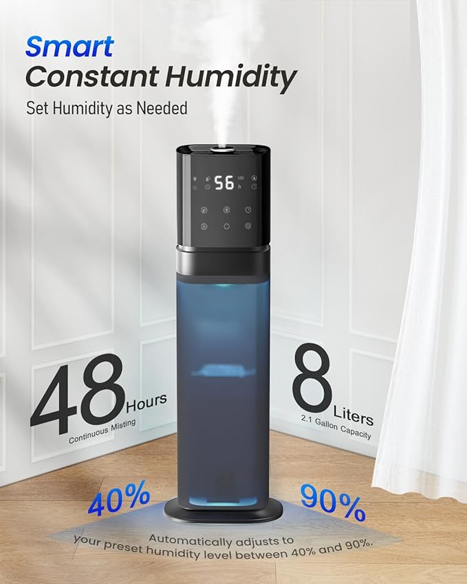 Smart Humidifier Large Room, 2.1Gal/8L Humidifiers for Bedroom with Extended Tube&Night Light, Whole House Cool Mist Humidifiers, WIFI App&Voice Control, School/Office/Warehouse, Dark Blue - Image 9